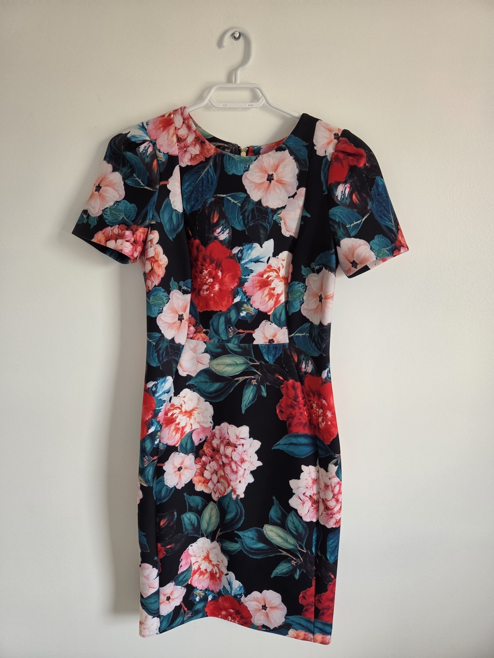 Calvin Klein Black Floral Sheath Dress with Red & Pink Blooms